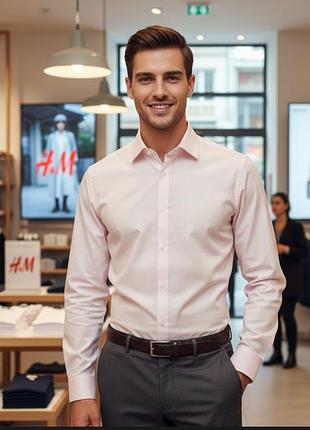Сорочка чоловіча h&m, рожева, розмір m, бавовна та поліестер