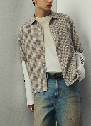 Теніска чоловіча h&m, льон,лляна,сорочка,бавовна,бежева,в,клітинку,льону,з,коротким,рукавом,клітинка,рубашка,широка,вільна,пряма,оверсайз,беж