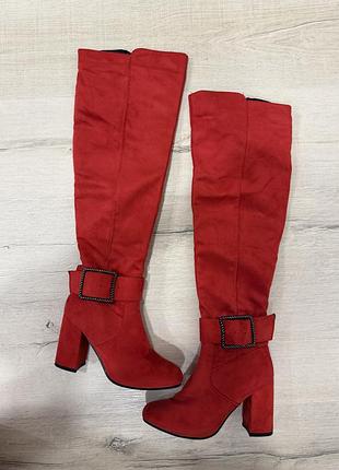 Жіночі замшеві ботфорти / червоні/ високі/ 37 розмір