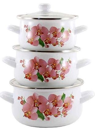 Набор кастрюль 2/3/4л эмал. 3-пр орхидея 1 розовая 1w тм zauberg