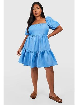 Мегаефектна блакитна сукня-смок з квадратним вирізом та пишними рукавами  великого розміру від бренду boohoo.
