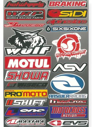 Наклейка на мотоцикл "wulf, hotwheels, wrp, motocross, evs, promoto, sidi, maxima" контурная порезка