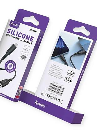 Кабель для зарядки avantis usb - micro usb, 1м, 2.4а черный, круглый силиконовая оплетка 366411