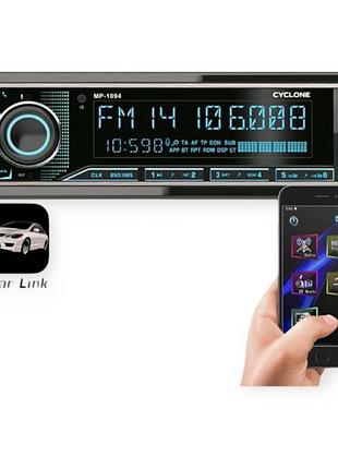 Магнітола cyclone mp-1094 fm, usb, type c для зарядки, microsd, aux, mp3, wma, bt, багатокол., icar link