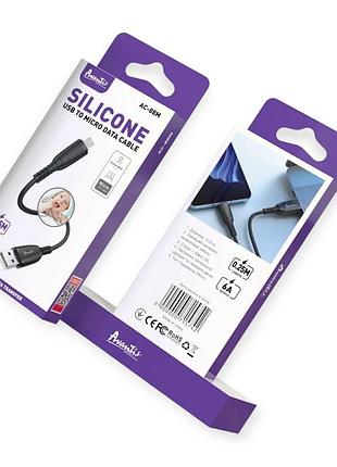 Кабель для зарядки avantis usb - micro usb, 0.25м, 6.0а черный, круглый силиконовая оплетка
