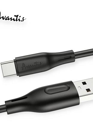 Кабель для заряджання avantis usb - type-c, 2м, 3,0а чорний, круглий силіконове обплет. qc