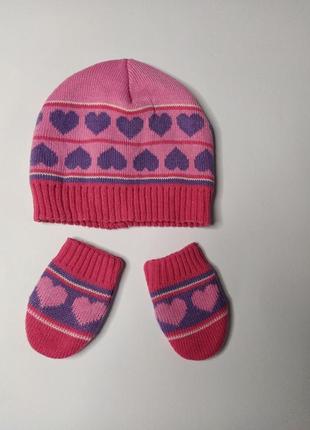 Комплект шапка с варежками рукавичками  шапочка на малышку 3-6мес