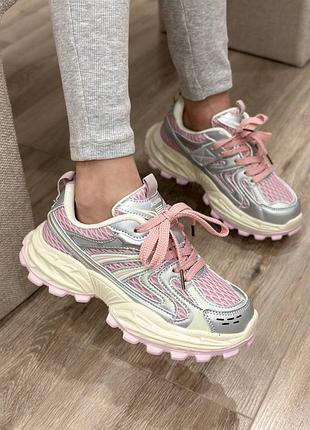 Кроссовки 189, р.32,33,34,35,36,37, комбинированные материалы, розовый/серебро