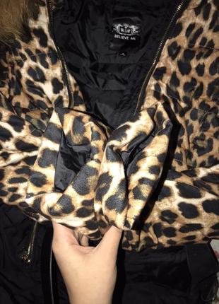 Куртка довга пуховик з хутром єнота узлісся натуральна леопардовий з ременем пальто зимове4 фото