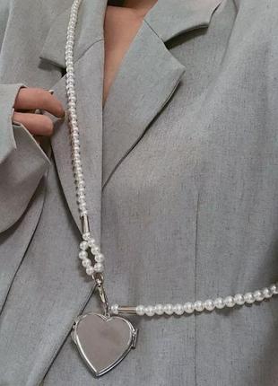 Бусы с зеркальцем сердечком, имитация жемчуга, 104 см