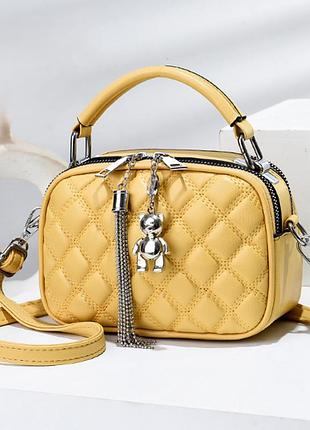 Женская мини сумочка клатч на плечо, маленькая сумка с брелком мишкой желтый