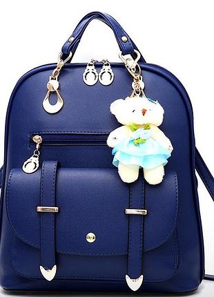 Женский городской рюкзак сумка 2 в 1 с брелком мишкой | рюкзачок сумочка женская | cумка-рюкзак для девушек синий