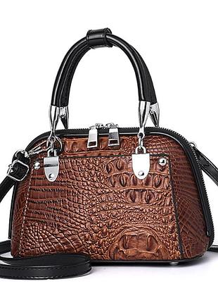 Модная женская мини сумочка через плечо рептилия, сумочка клатч змеиная лаковая, сумка-клатч крокодил коричневый