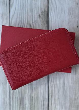 Шкіряний жіночий червоний гаманець на дві блискавки