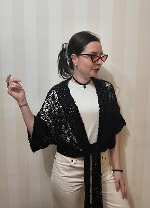 Черная ажурная кофта-накидка на завязках (кроше) atmosphere, размер m