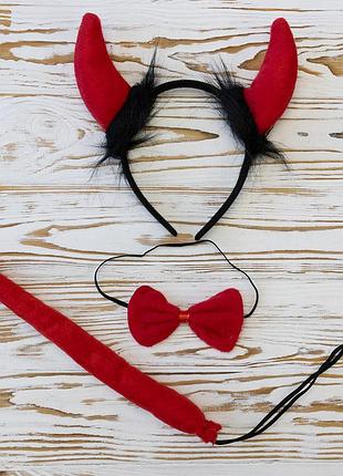 Набір чортеня (вушки, хвіст, краватка-метелик) (червоний)