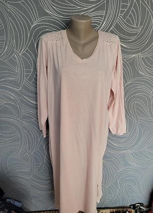 Cotton 100% мягкая ночнушка с кружевом,  длинные рукава, по бокам разрезы