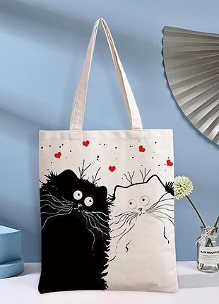 Сумка шопер тоут 2 котика з бавовни. практична жіноча сумка для шопінгу та повсякденних справ
