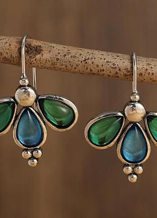 Сережки жіночі дівчачі зелені сині квітки нові