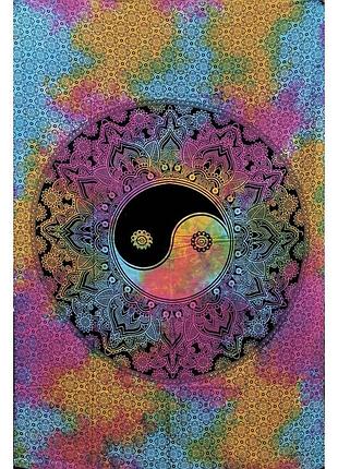 Покривало односпальне інь ян 210х140 см кольорове з бавовни, покривало-панно, покривало індія