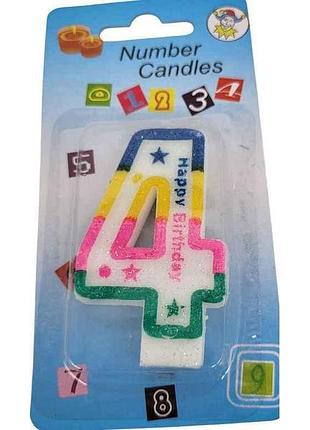 Свічка-цифра 4 happy birthday кольорова арт.034 тм prc