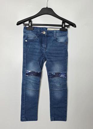 Брендовые джинсы девочке синие с пайетками lupilu slim fit 4-5 лет утяжка хлопок