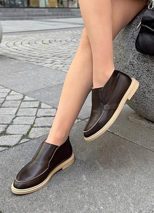 Накладний платіж ❤ шоколадні натуральні шкіряні високі лофери на плоскій підошві утеплені байкою