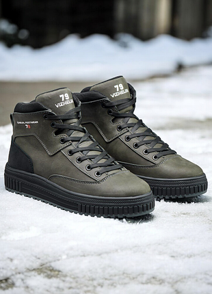 Чоловічі черевики кросівки vizhelini зимові на хутрі натуральна шкіра хакі