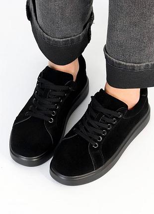 Натуральные замшевые черные кеды - кроссовки