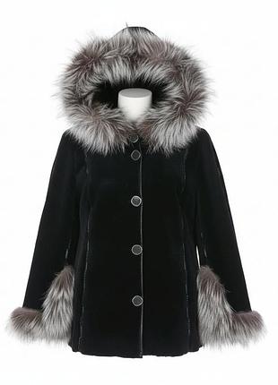 Женская мутоновая укороченная шуба куртка с капюшоном чернобурка