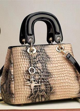 Жіноча сумка-сетчел w919 зміїний принт крос-боді бежева
