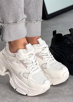 Жіночі кросівки на високій підошві білі комбіновані шкіра+сітка 26184