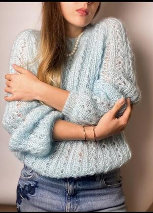 Женский вязаный свитер из мохера яркий ажурный модный ручная работа2 фото