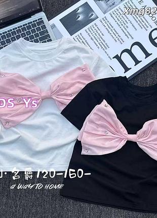 Детская и подростковая футболка для девочки 120-160 см черная и белая с бантом 130