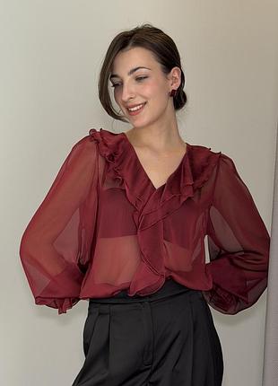 Жіноча блузка бордова прозора з рюшами 8571  42,44,46 р