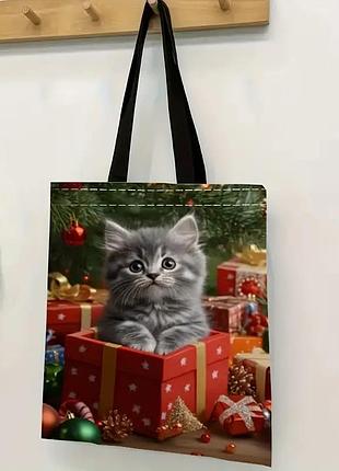 Новогодняя сумка-шоппер с принтом "котик в подарочную". эко-сумка для праздничных покупок. текстильная, идеальный подарок.