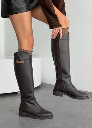 Зимові шкіряні коричневі чоботи жокейки золота фурнітура розпродаж 25,5 см