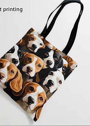 Сумка-шоппер текстильна бігль (34х42 см). еко-сумка з принтом собаки у пледі, стильний подарунок для власника бігля.