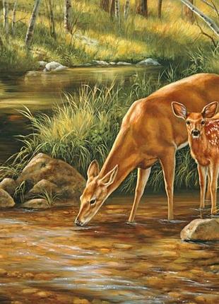 Алмазная вышивка (диамантовая мозаика) "олени на водопое" 30х40 см. полная выкладка, круглые стразы.