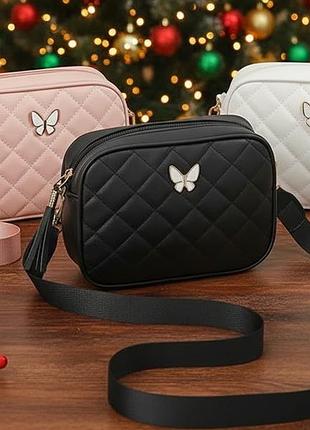 Стеганая мини-сумка "бабочка". женская кроссбоди через плечо на широком ремне. (розовая/белая/черная).