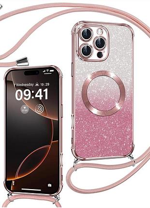 Чехол для iphone 16 pro с магнитом magsafe страп блестящий защита экрана розовый tpu противоударный