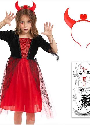 Костюм вампірки для дівчат halloween червоні роги та татуювання 300г карнавальний наряд для веселих святкувань