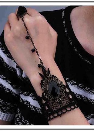 Черный кружевной браслет на руку с кристаллом кольцо цепочка бижутерия для женщин ретро стиль