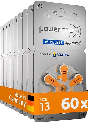 Батарейки для слухових апаратів тип 13 varta powerone p13 zinc air 1 4в 310 мах упаковка 60 штук оригінал