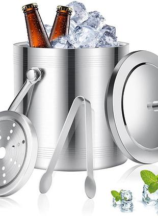 Ведро для льда из нержавеющей стали 2 литра с крышкой щипцами ситечком двойные стенки серебристое для напитков