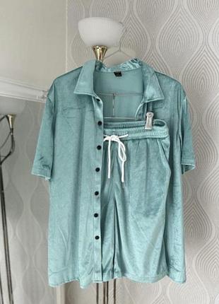 Велюрова піжама s-m розмір shein бірюзова шорти сорочка