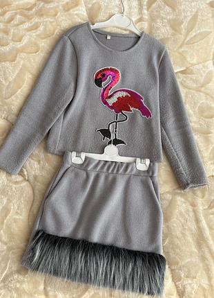 Детский костюм с юбкой,костюм для дівчинки фламінго,дитячий теплий костюм для дівчинки,комплект з фламінго