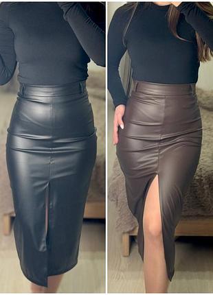 Міді спідниця олівець з розрізом на нозі, еко шкіра, чорна, шоколад