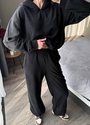 Жіночий флісовий повсякденний костюм кофта світшот з капюшоном і штани палаццо з затяжками внизу