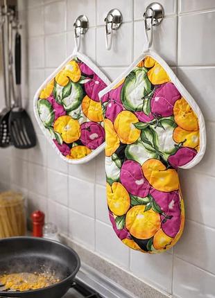 Набор для кухни: прихватка и рукавица | 100% хлопок | захват для горячего красно-желтого